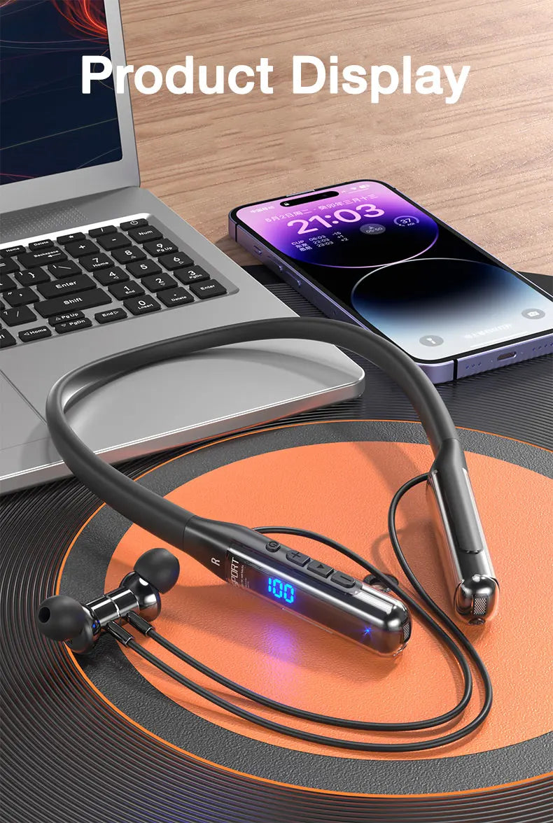 EARDECO Bluetooth 5.3 Neckband Headphones – 80H Battery, Stereo Bass, Mic