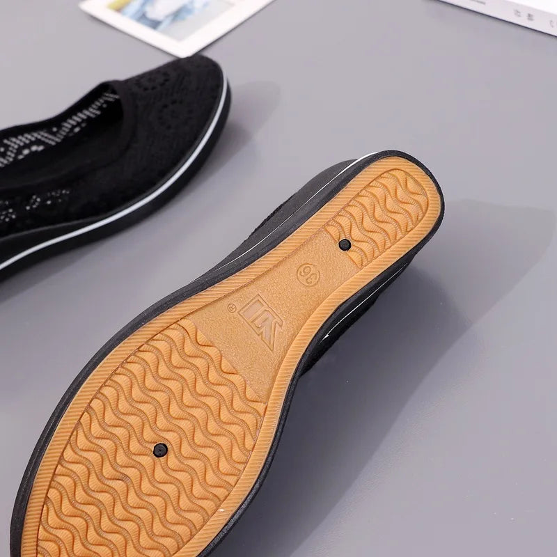 Women’s White Lace Breathable Slip-On Sneakers – Casual Summer Flats with Low Wedge Comfort Sole
