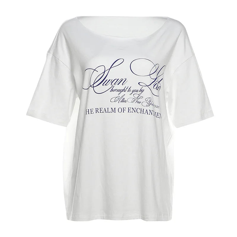Casual Relax Woman T-shirt Letter 2025 Women Oversized One Shoulder Tops Versatile Street Atmosphere Style Fashionable Tops