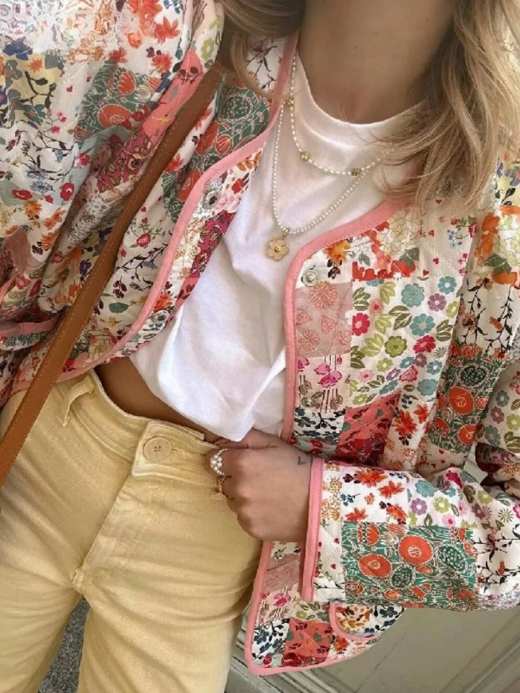 Women’s Quilted Floral Jacket – Vintage Loose Fit Winter Coat
