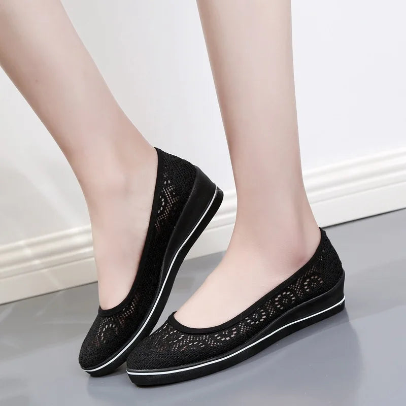 Women’s White Lace Breathable Slip-On Sneakers – Casual Summer Flats with Low Wedge Comfort Sole