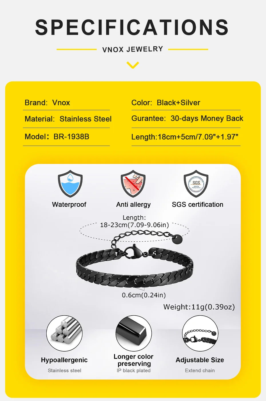 Vnox Gothic Black Cuban Chain Bracelets for Men, Stainless Steel Flat Miami Curb Links Wristband, Simple Metal Jewelry