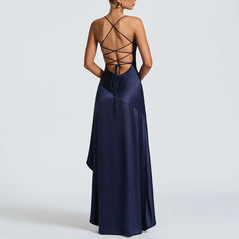 Sexy Slash Neck Slim Ruffle Banquet Dress Women Spring Backless Lace-up Long Irregular Dress Summer Sleeveless Hollow Maxi Dress