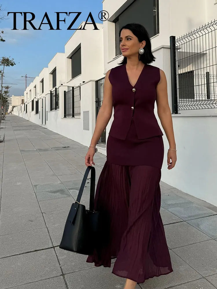 Elegant Wine Red Knitted Skirt Set for Women – V-Neck Vest & High-Waist Midi Skirt | Spring/Summer 2025