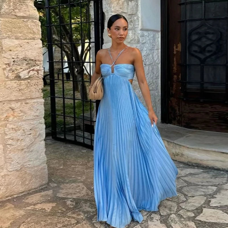 Women's Halter Backless Pleated Maxi Dress – Beach Vibes 2025