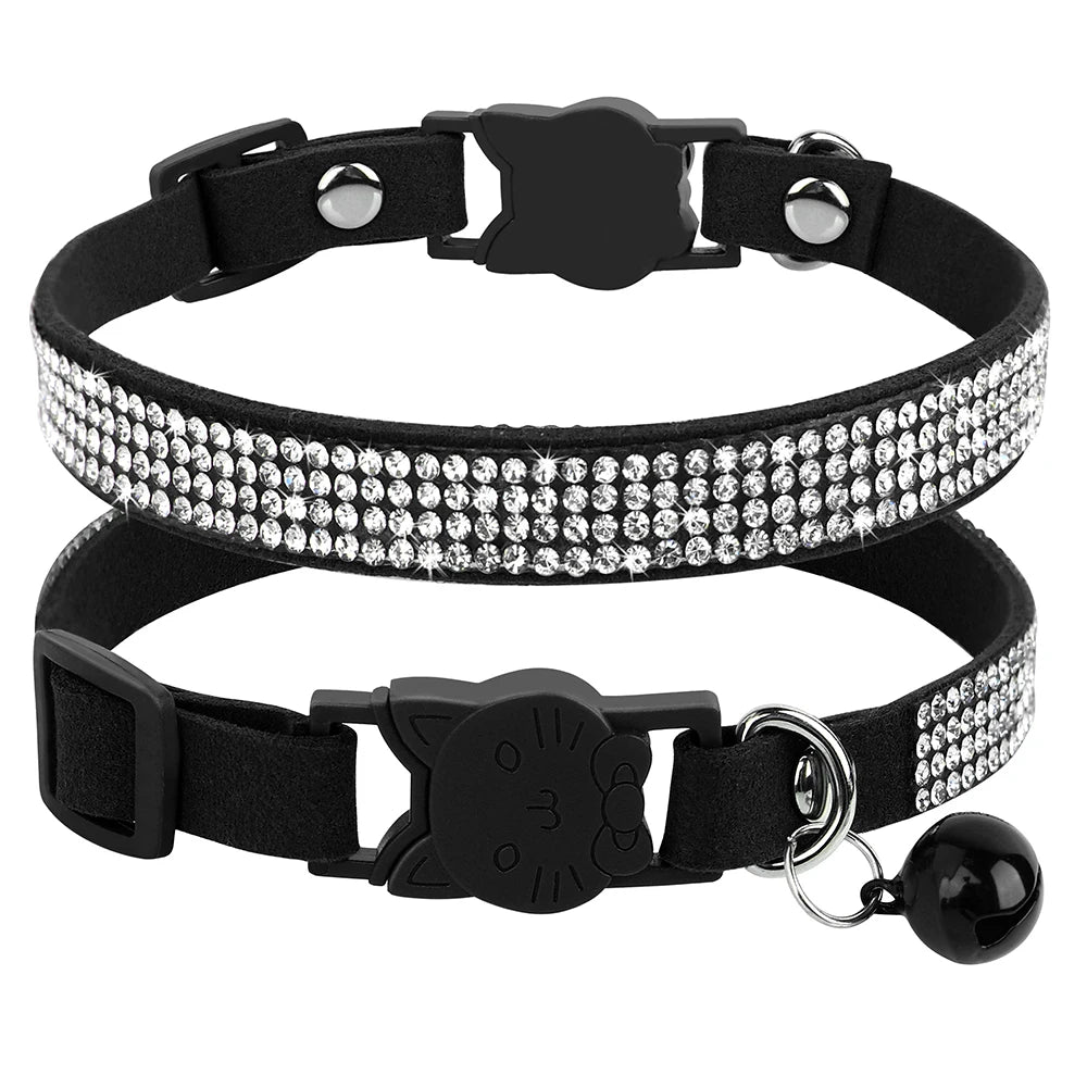 Bling Suede Cat Collar – Rhinestone Bell, Soft & Safe