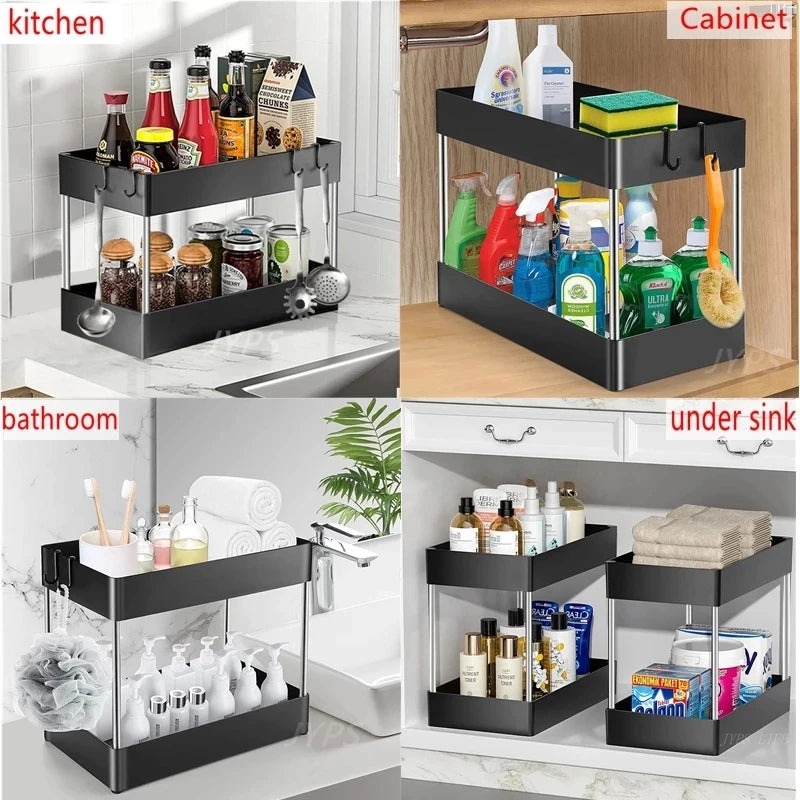 2-Tier Under Sink Organizer with Sliding Drawers & Hooks