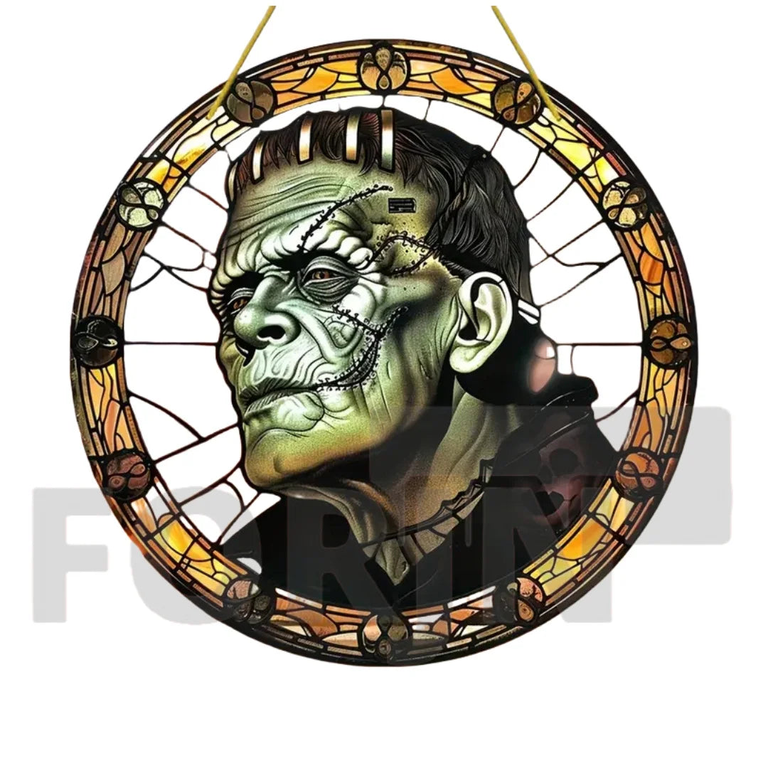 Horror Theme Stained Window Hanging Sun Catcher,Round Acrylic Translucent Sign,Halloween Decor for House,bar,Porch,Patio Garden
