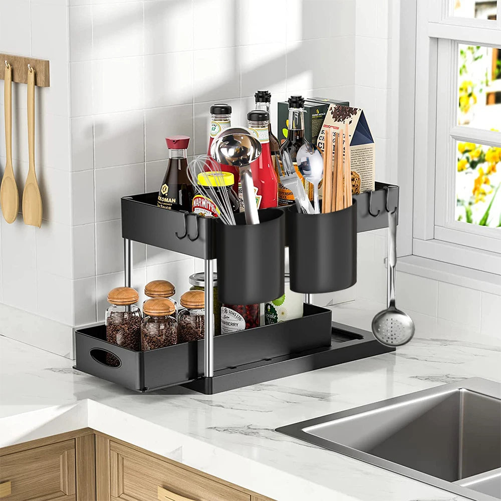 2-Tier Under Sink Organizer with Sliding Drawers & Hooks