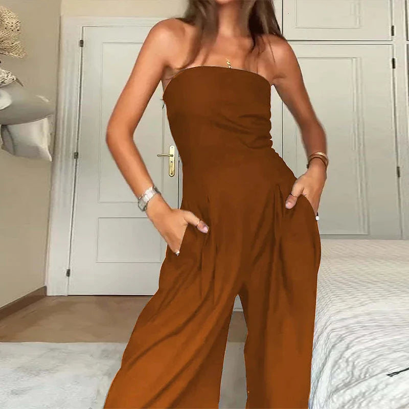Backless Off-Shoulder Jumpsuit – Wide-Leg High Waist Summer Romper for Women