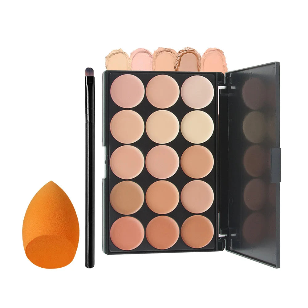 2pcs 15-color Professional Concealer with Brush,Face Makeup and Contouring Dark Circles Acne Mark Brightening Waterproof Sweat