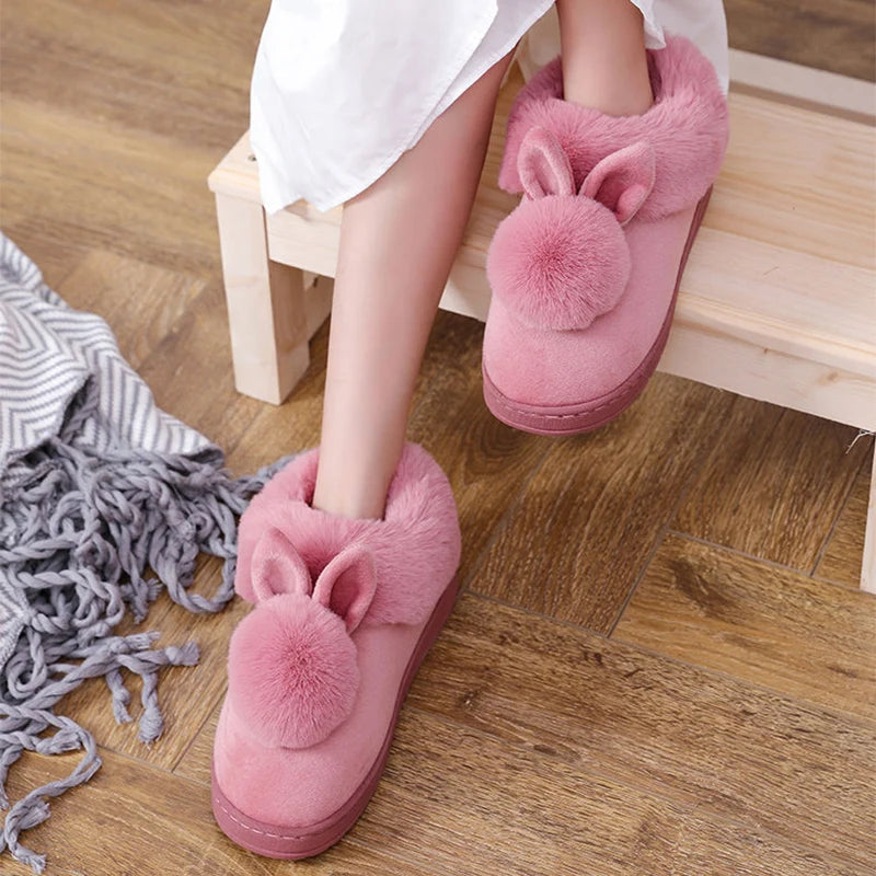 Winter Warm Home Fur Boots Womens Indoor Home Rabbit Shoe Furry Ears Footwear Indoor Bedroom Flat Heels Fluffy Ankle Boots