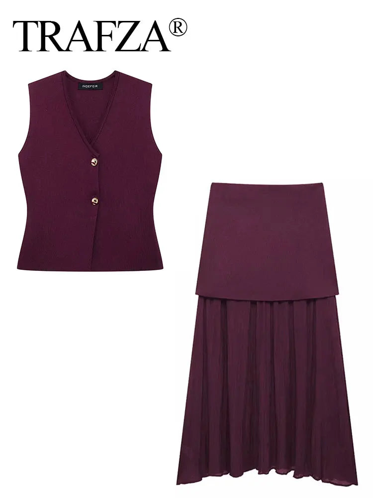 Elegant Wine Red Knitted Skirt Set for Women – V-Neck Vest & High-Waist Midi Skirt | Spring/Summer 2025