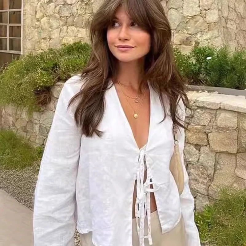Spring 2025 V-Neck Lace-Up Linen Blouse – Casual Loose Fit