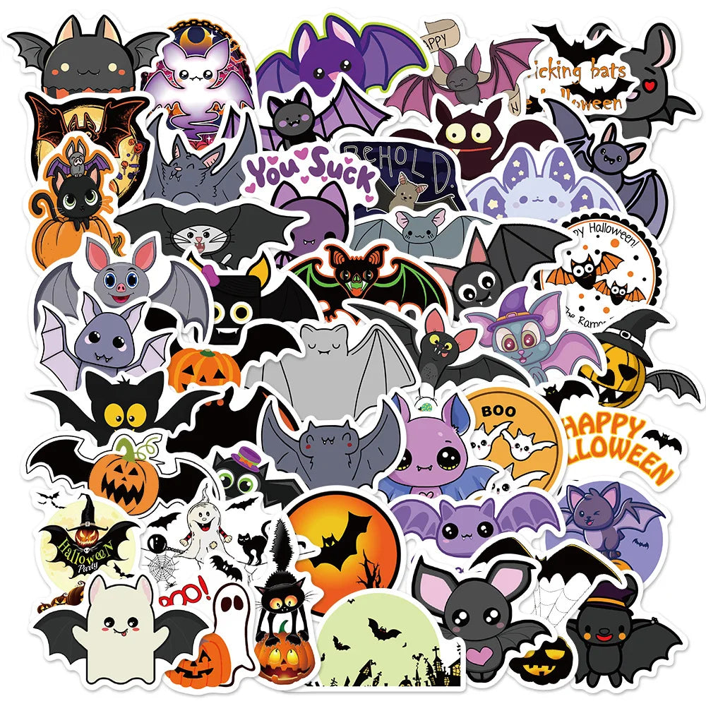 50PCS Halloween Purple Bat Stickers Streetwear Laptop Happy Halloween Elements Harajuku Wall Bar Fashion Living Room Sticker
