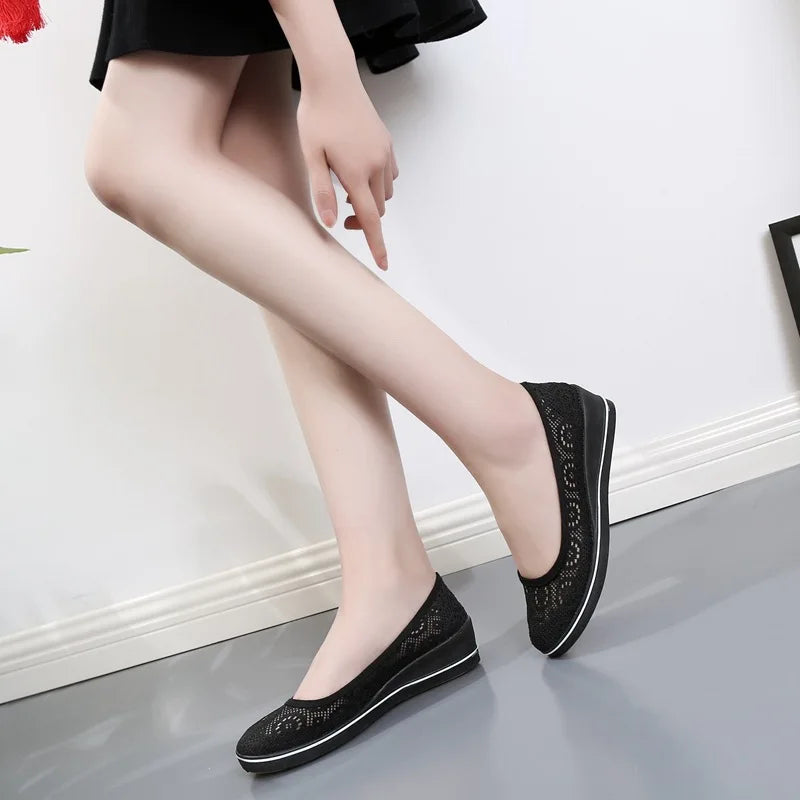 Women’s White Lace Breathable Slip-On Sneakers – Casual Summer Flats with Low Wedge Comfort Sole