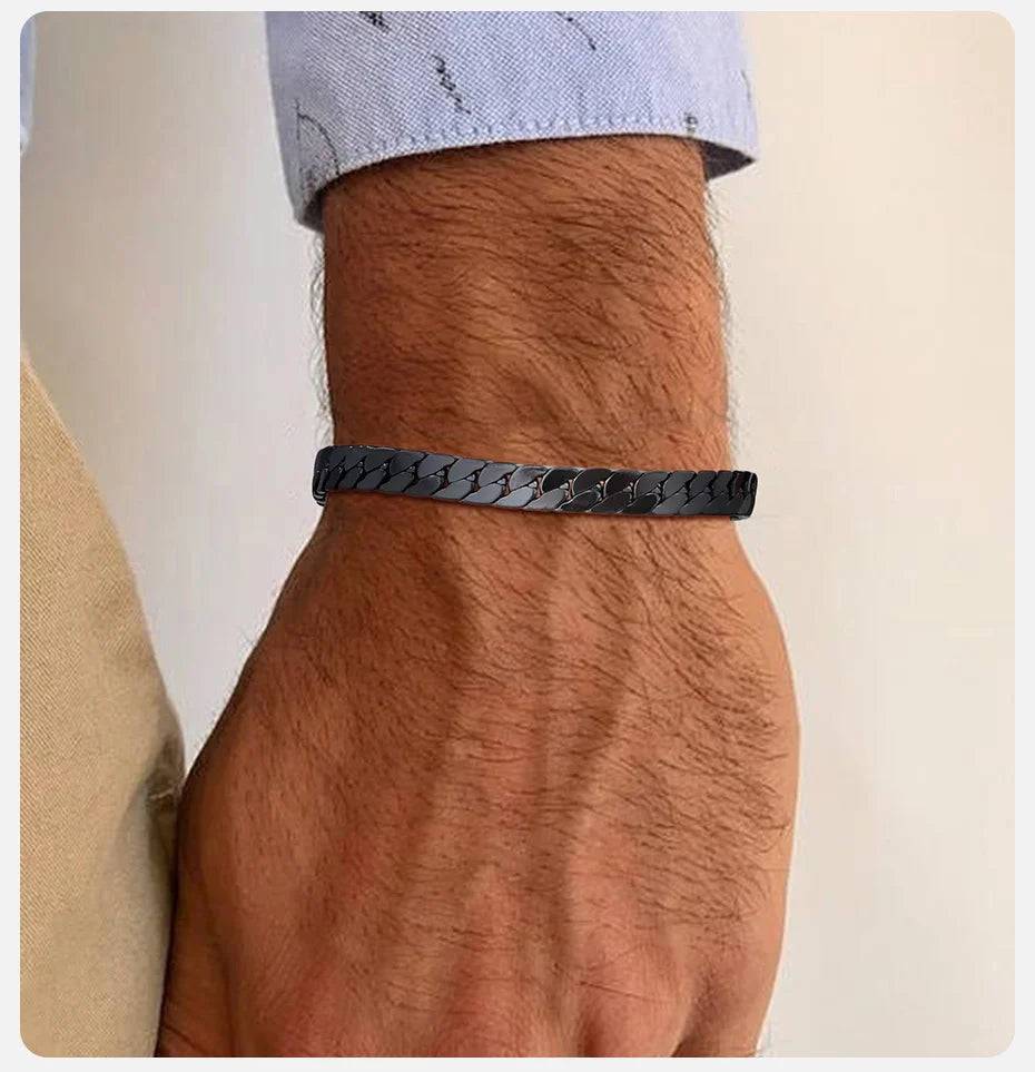 Vnox Gothic Black Cuban Chain Bracelets for Men, Stainless Steel Flat Miami Curb Links Wristband, Simple Metal Jewelry
