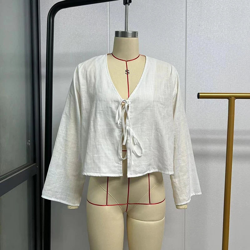 Spring 2025 V-Neck Lace-Up Linen Blouse – Casual Loose Fit