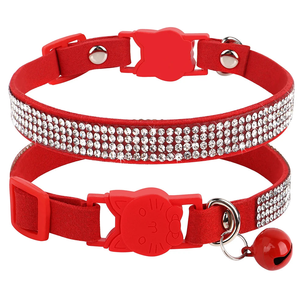 Bling Suede Cat Collar – Rhinestone Bell, Soft & Safe