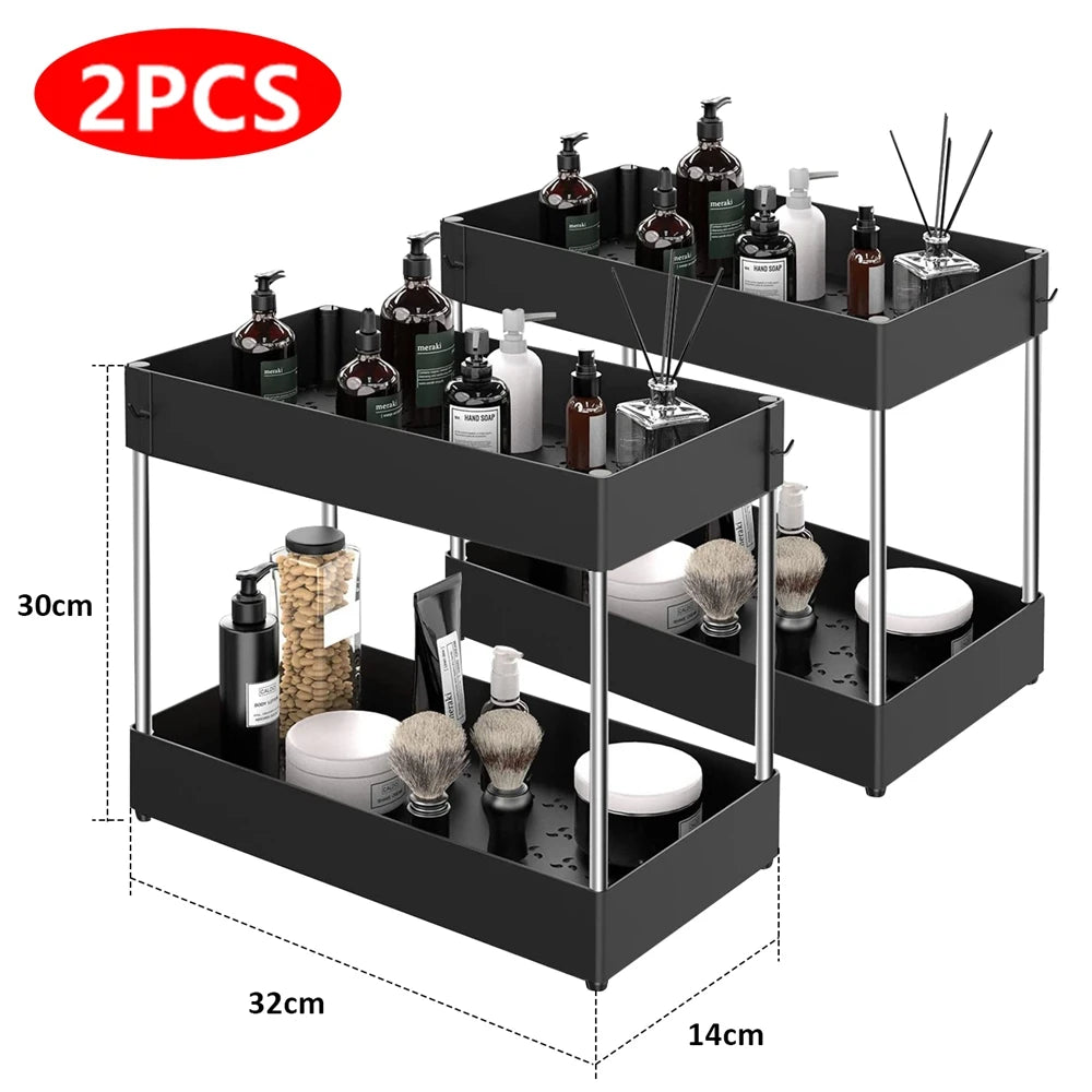 2-Tier Under Sink Organizer with Sliding Drawers & Hooks