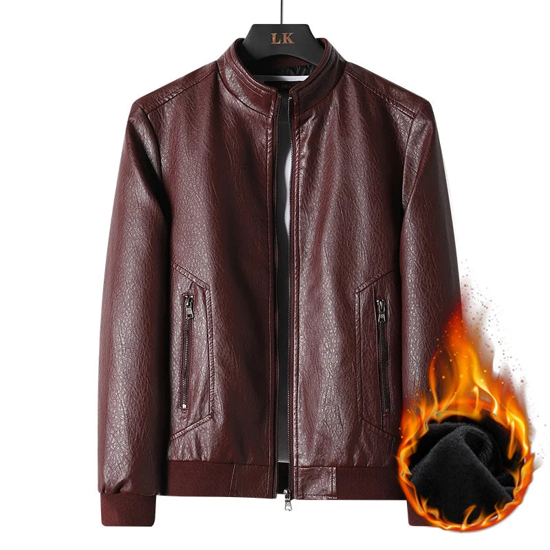 Leather Jacket Men Coats Motorcycle Autumn Travel Fleece Black Zipper Plus Size 6XL 7XL 8XL Oversized Winter Slanted Overcoat