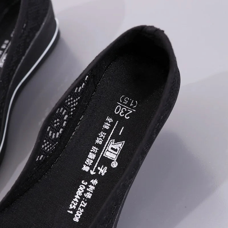 Women’s White Lace Breathable Slip-On Sneakers – Casual Summer Flats with Low Wedge Comfort Sole