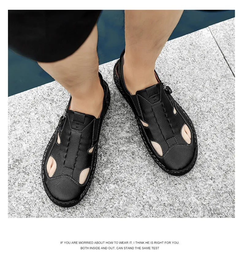 Men’s Leather Roman Sandals – Breathable Handmade Casual Summer Shoes for Outdoor & Beach