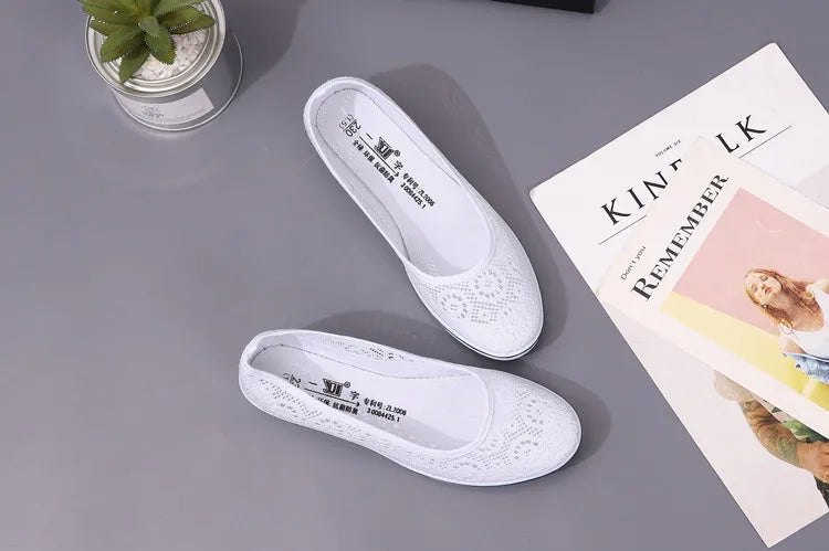 Women’s White Lace Breathable Slip-On Sneakers – Casual Summer Flats with Low Wedge Comfort Sole