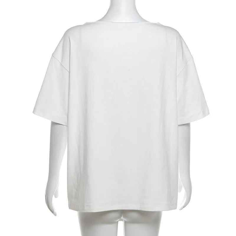 Casual Relax Woman T-shirt Letter 2025 Women Oversized One Shoulder Tops Versatile Street Atmosphere Style Fashionable Tops