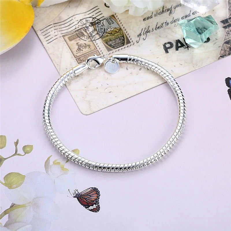 925 Sterling Silver 3mm Snake Chain 8 inches Basis Bracelet For Woman Charm Wedding Engagement Fashion Party Jewelry