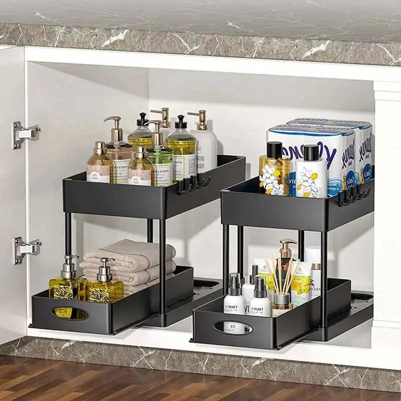 2-Tier Under Sink Organizer with Sliding Drawers & Hooks