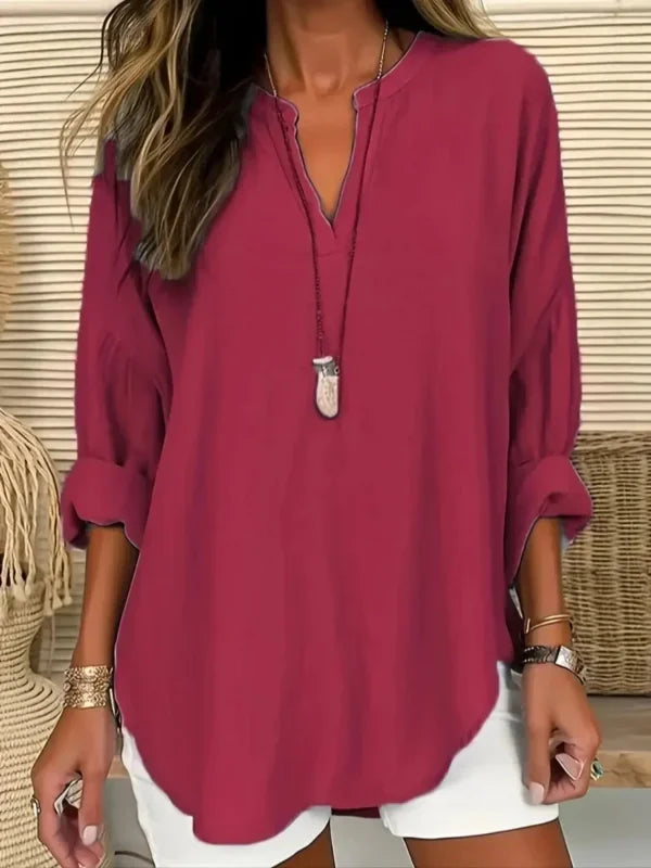 Plus Size 1XL-5XL Women's CasualLadies Fashion Solid Blouse Solid Color Loose Tops V-neck Blouse Long Sleeve Shirt