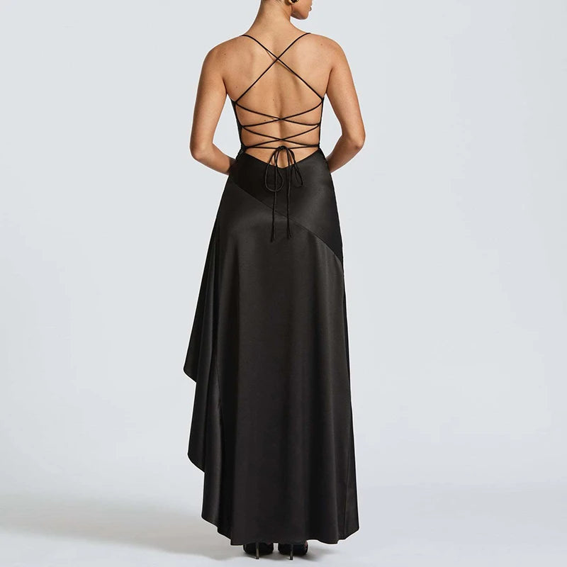 Sexy Slash Neck Slim Ruffle Banquet Dress Women Spring Backless Lace-up Long Irregular Dress Summer Sleeveless Hollow Maxi Dress