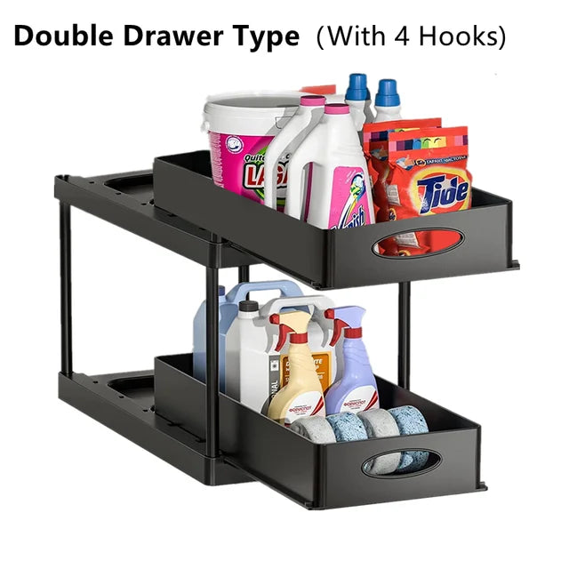 2-Tier Under Sink Organizer with Sliding Drawers & Hooks
