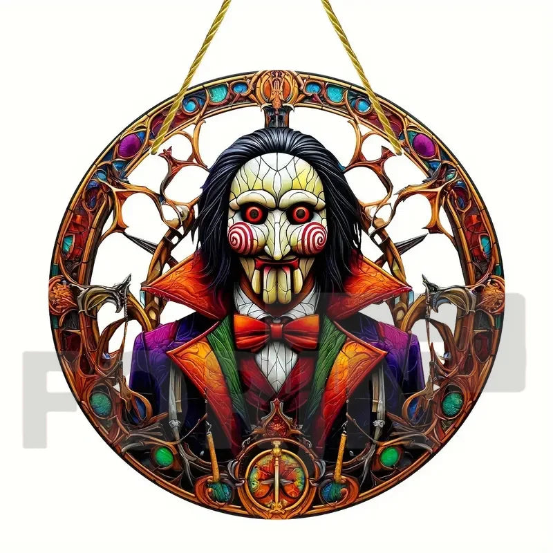Horror Theme Stained Window Hanging Sun Catcher,Round Acrylic Translucent Sign,Halloween Decor for House,bar,Porch,Patio Garden