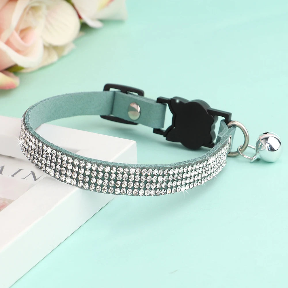 Bling Suede Cat Collar – Rhinestone Bell, Soft & Safe