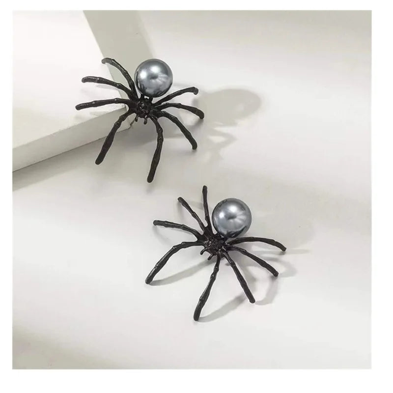 New Fashion Black Spider Pearl Earring Trendy Personality Dark Style Halloween Ear Nail for Women Alloy Geometric Ear Accessory