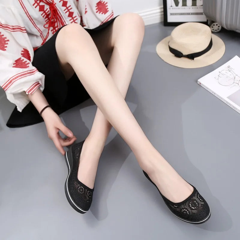Women’s White Lace Breathable Slip-On Sneakers – Casual Summer Flats with Low Wedge Comfort Sole