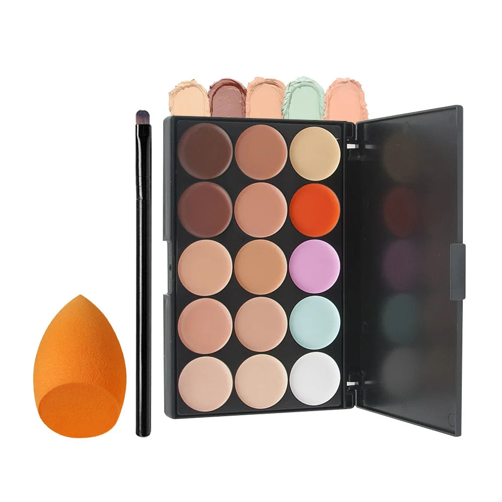 2pcs 15-color Professional Concealer with Brush,Face Makeup and Contouring Dark Circles Acne Mark Brightening Waterproof Sweat