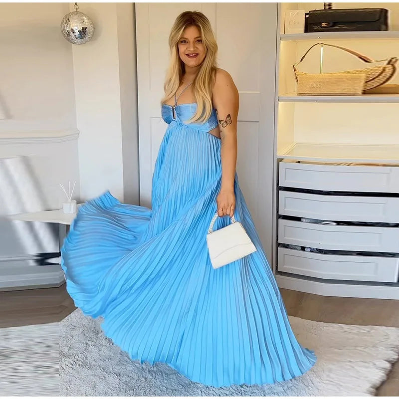 Women's Halter Backless Pleated Maxi Dress – Beach Vibes 2025
