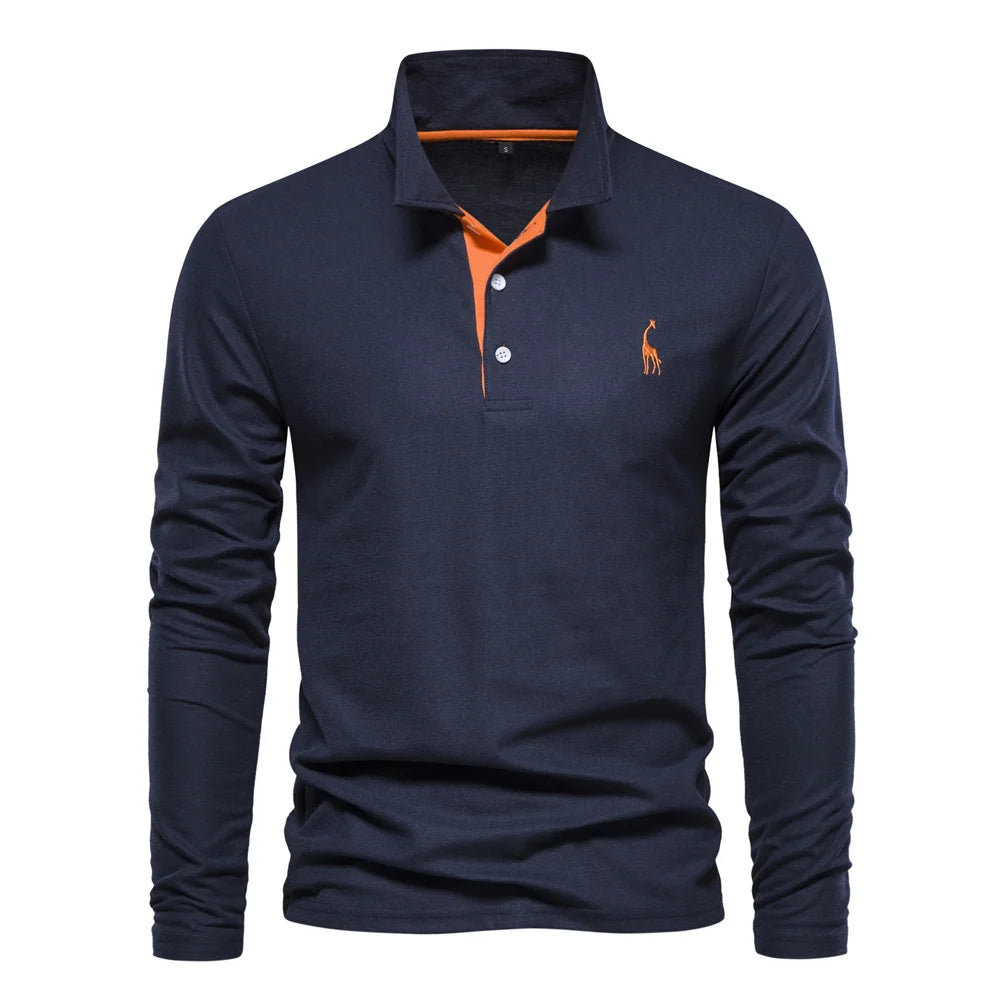 Men’s Deer Embroidery Polo Shirt – Long Sleeve Casual Business Top