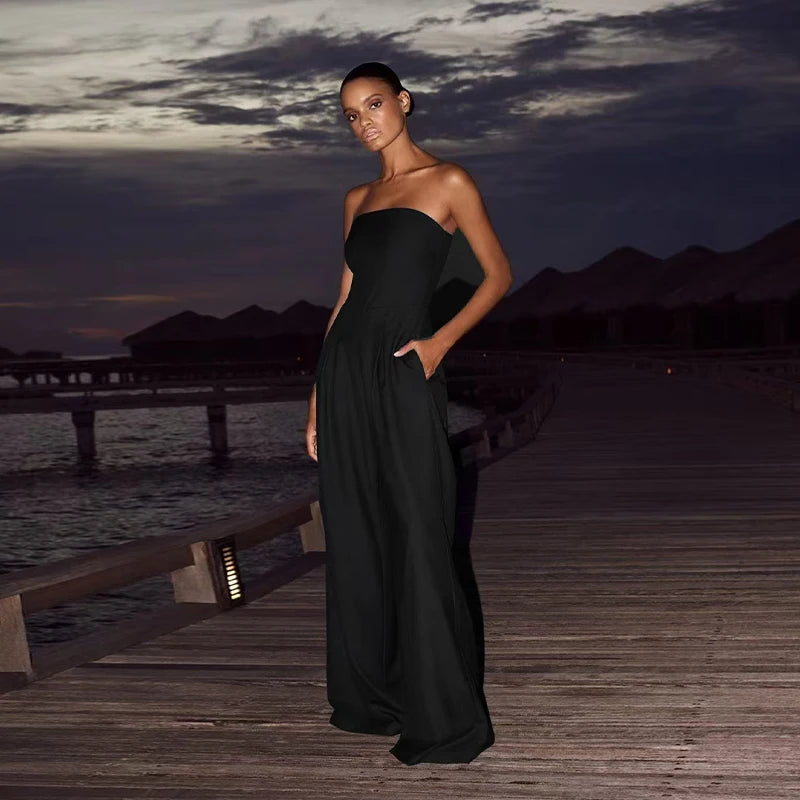 Backless Off-Shoulder Jumpsuit – Wide-Leg High Waist Summer Romper for Women