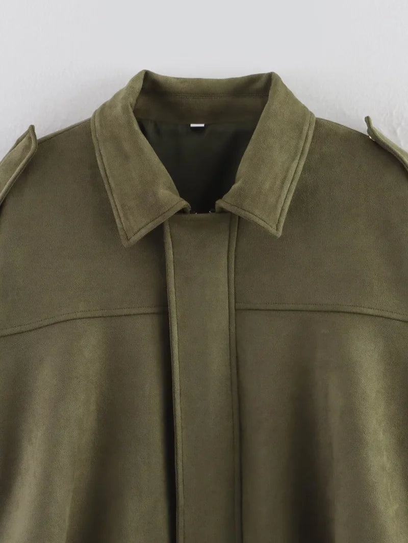 Women’s Suede-Texture Bomber Jacket – Casual Lapel Zip Coat | ETJ