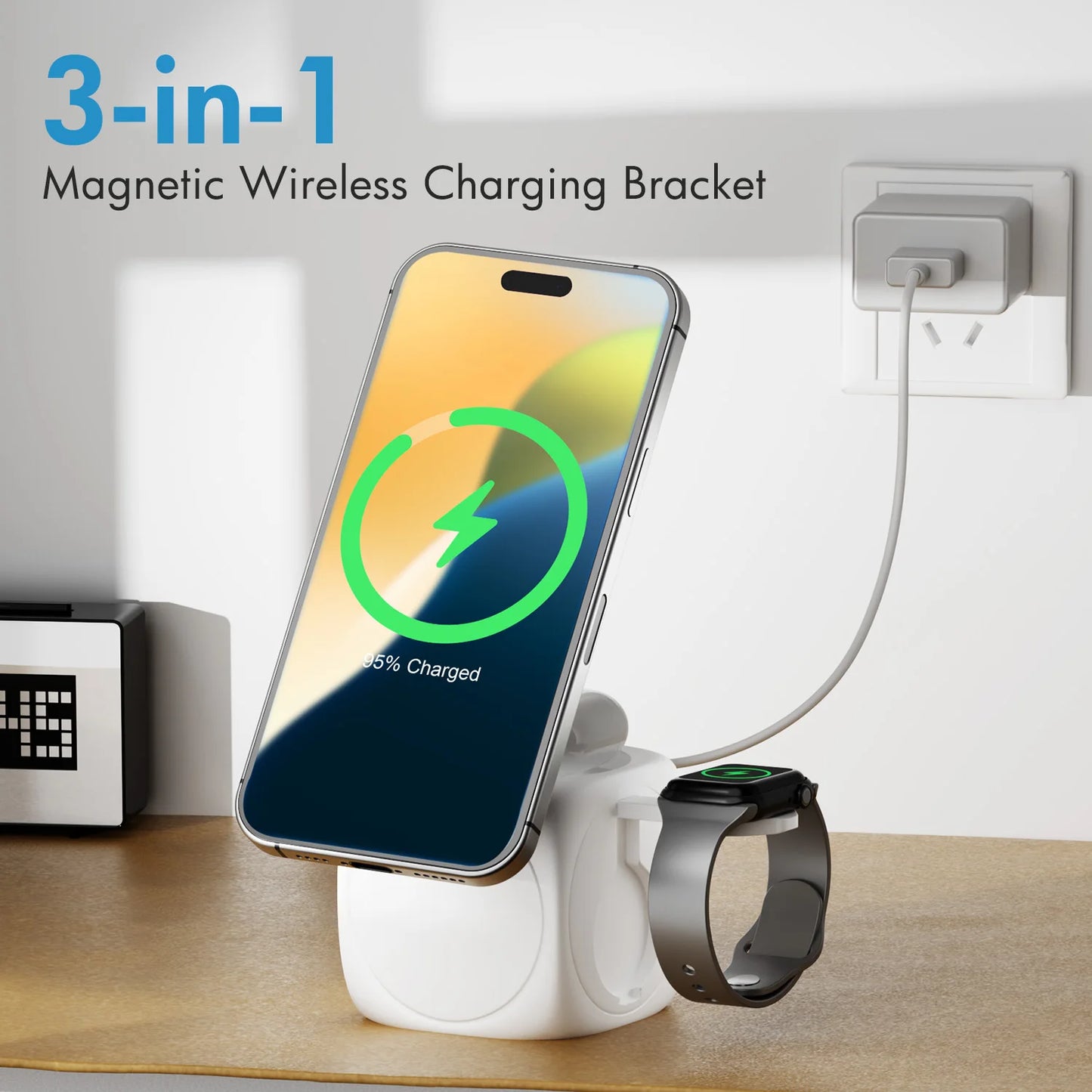 3-In-1 Magnetic Wireless Charging Station Foldable 15W Fast Charge 360 Rotating for IPhone 16 15 14 13 12 Pro/Pro Max/Plus