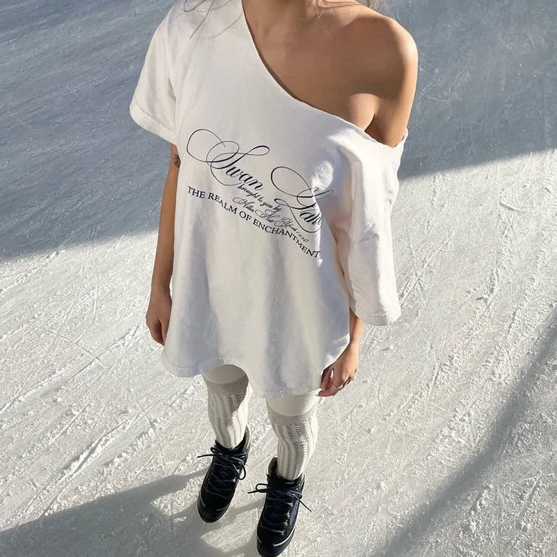Casual Relax Woman T-shirt Letter 2025 Women Oversized One Shoulder Tops Versatile Street Atmosphere Style Fashionable Tops