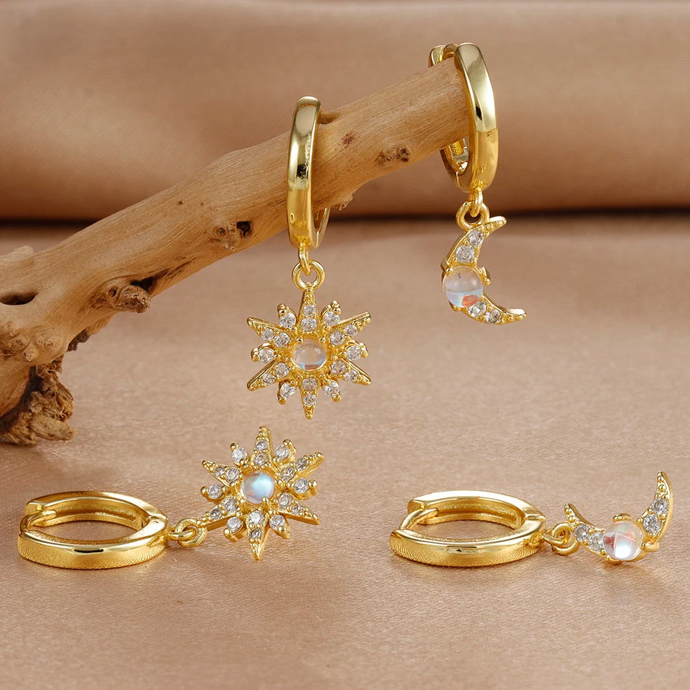 2PCS Star & Moon Opal Zircon Earrings – Stainless Steel Studs for Women
