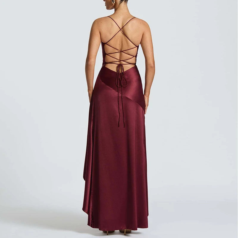 Sexy Slash Neck Slim Ruffle Banquet Dress Women Spring Backless Lace-up Long Irregular Dress Summer Sleeveless Hollow Maxi Dress