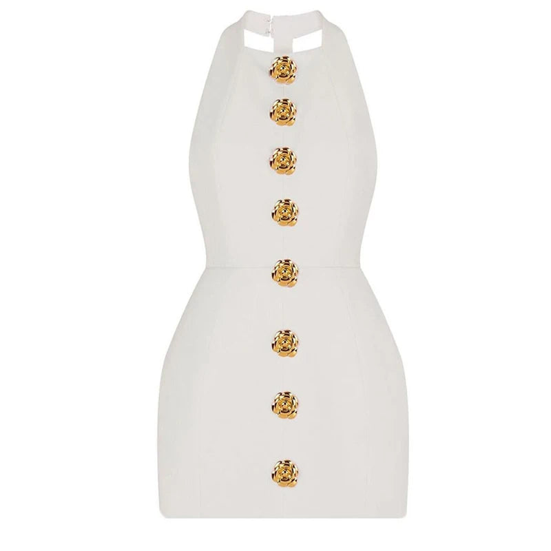 Chic Pink Halter Mini Dress – Backless, Sleeveless, Gold Button | Summer Party Dress 2025