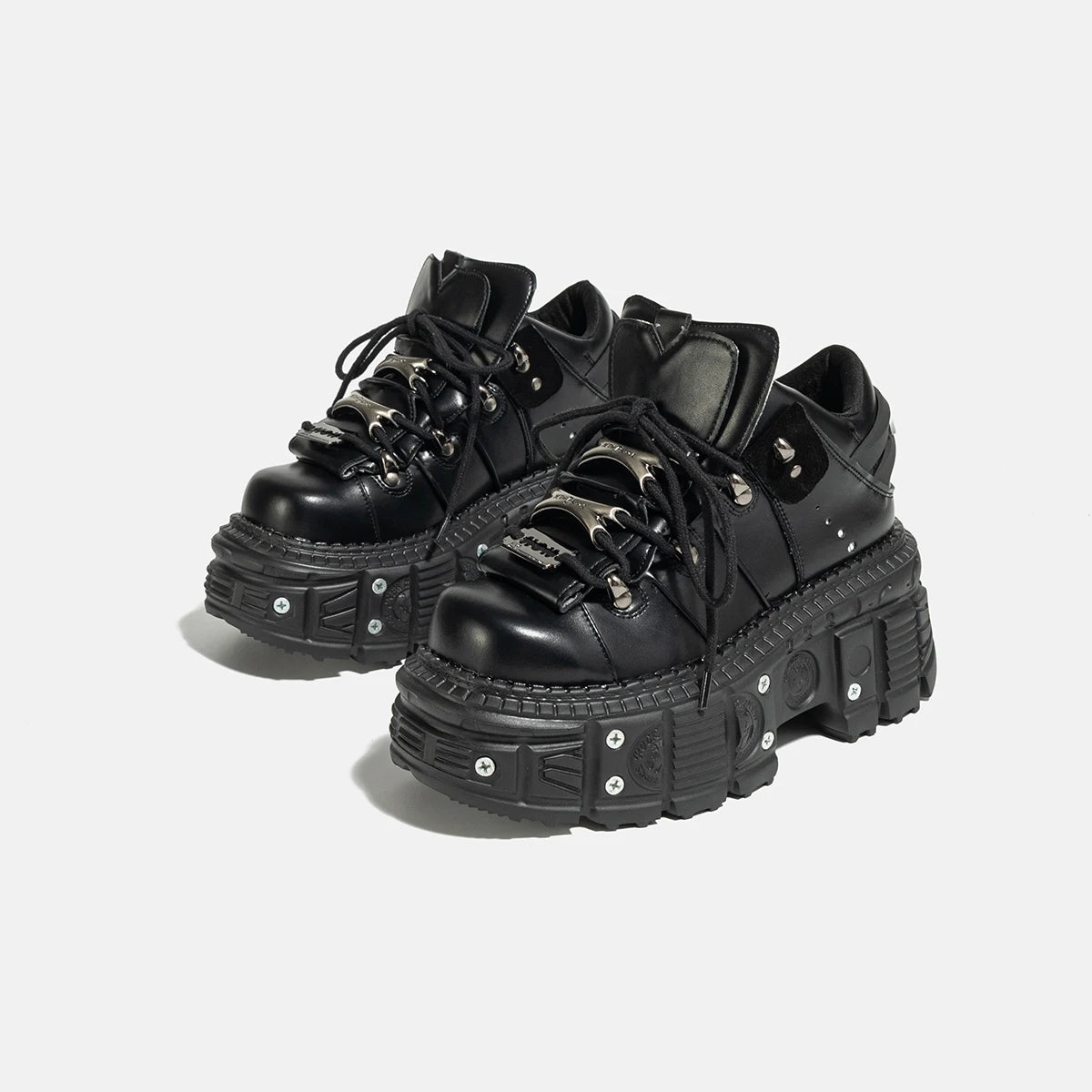 Gothic Dark Platform Thick Bottom Punk Metal Height-Increasing Leather Women's Small Rock Lace-up Rivet Shoes