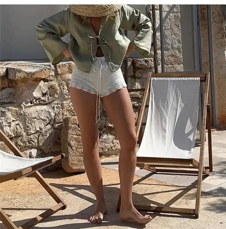 Spring 2025 V-Neck Lace-Up Linen Blouse – Casual Loose Fit